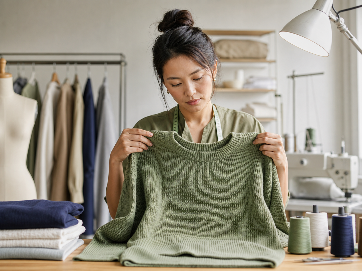 Garment maker inspecting a finished knit garment