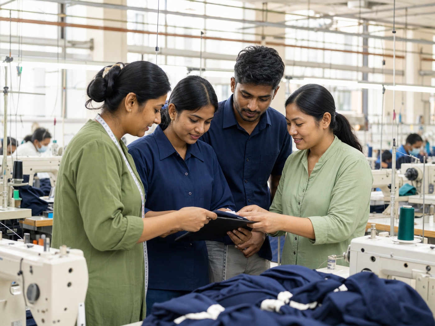 Garment factory team reviewing accountability practices
