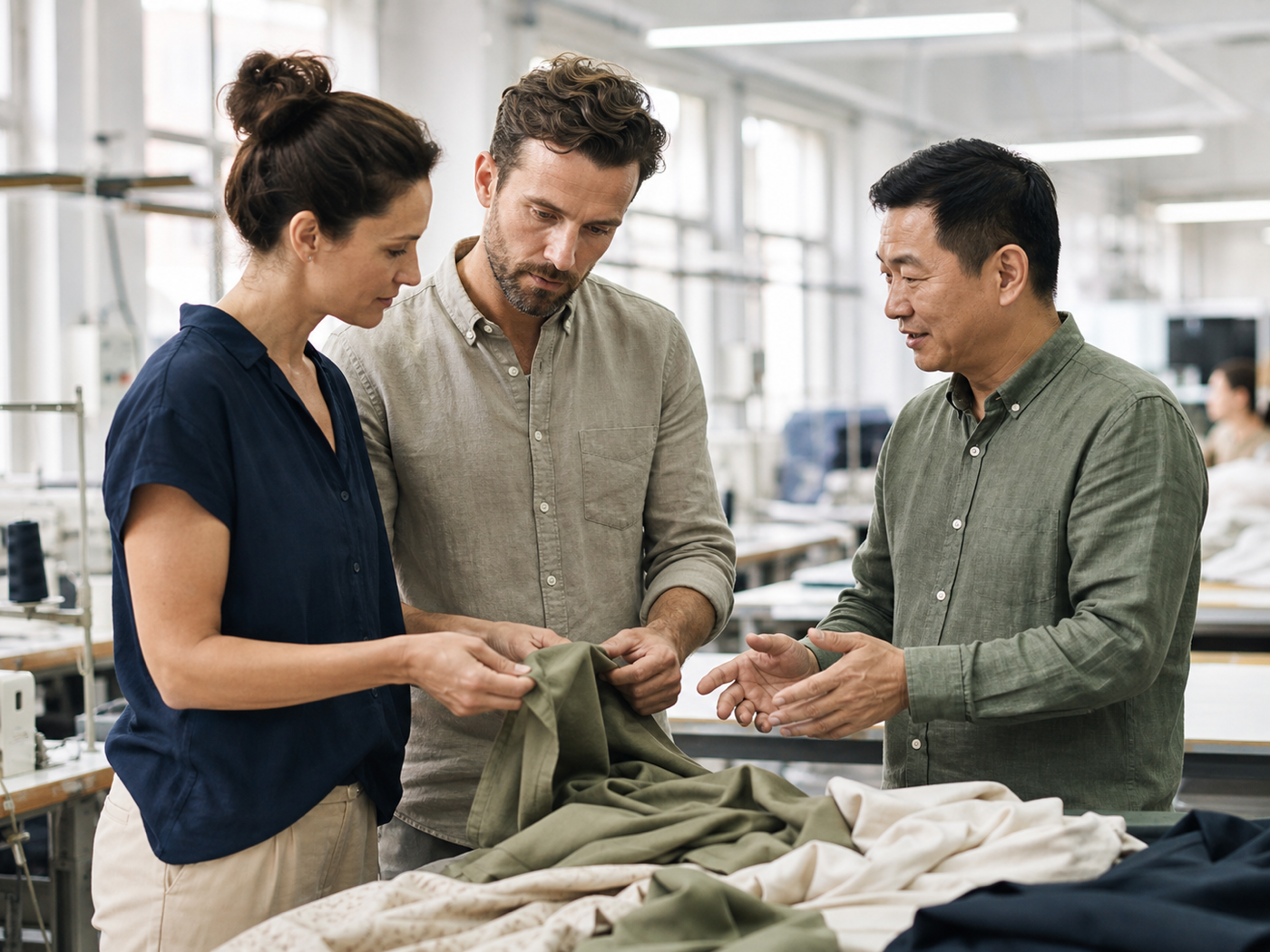 Sourcing professionals reviewing a garment workshop