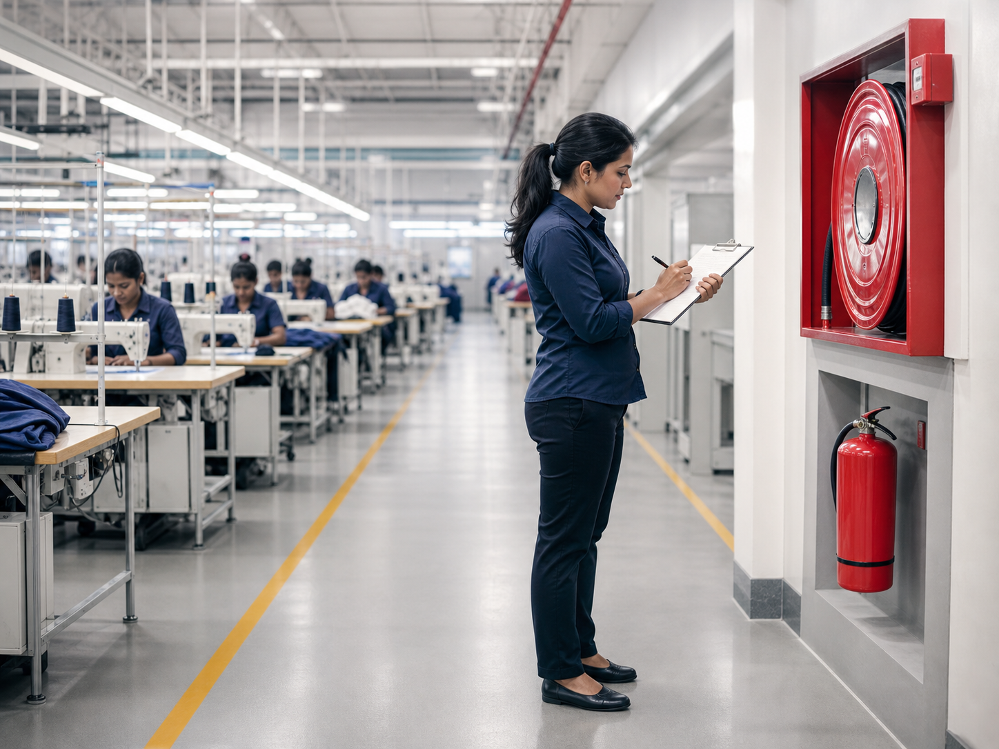 Safety engineer reviewing electrical and fire safety systems