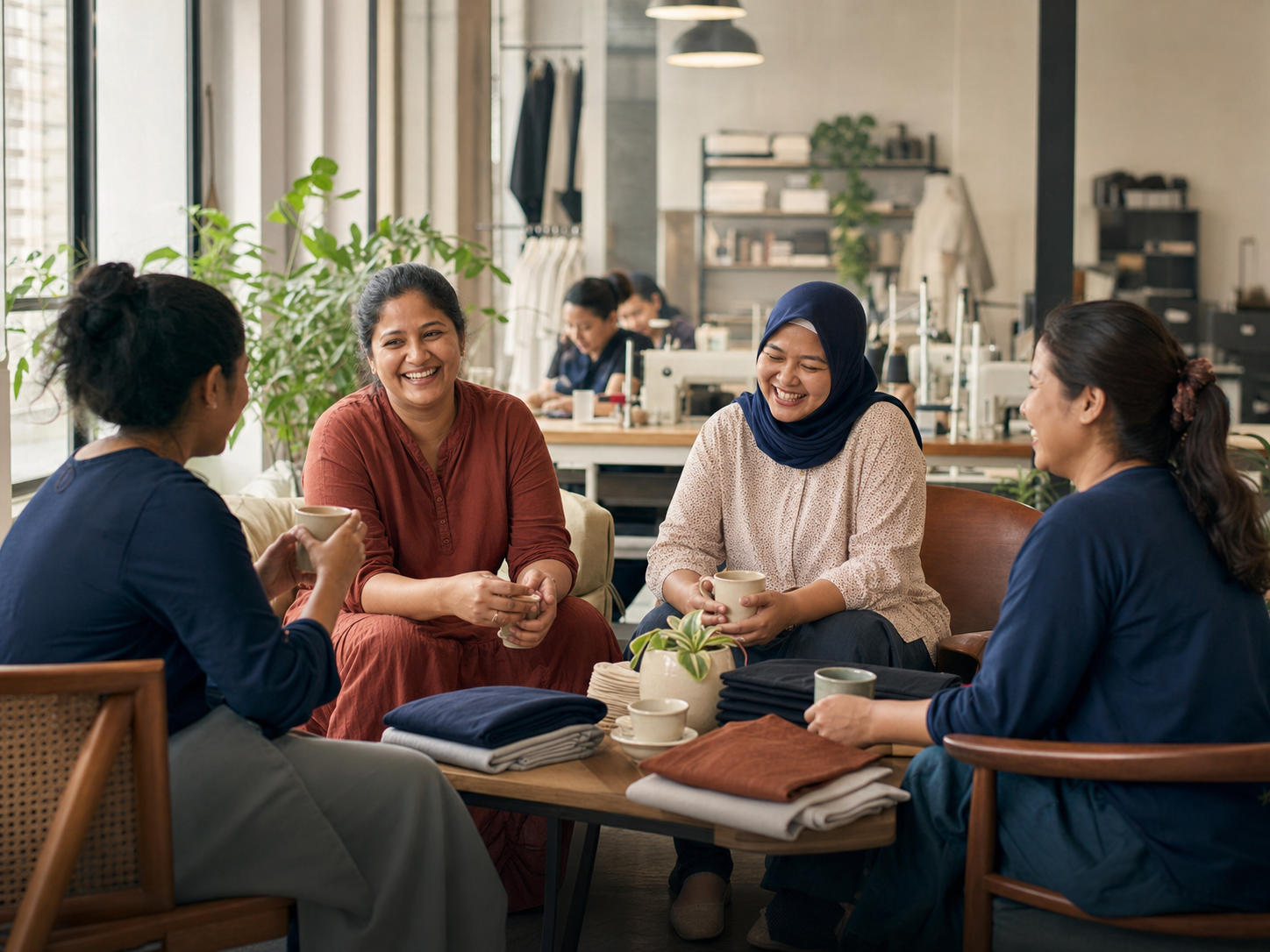 Garment workers in a bright, modern, ergonomic workplace