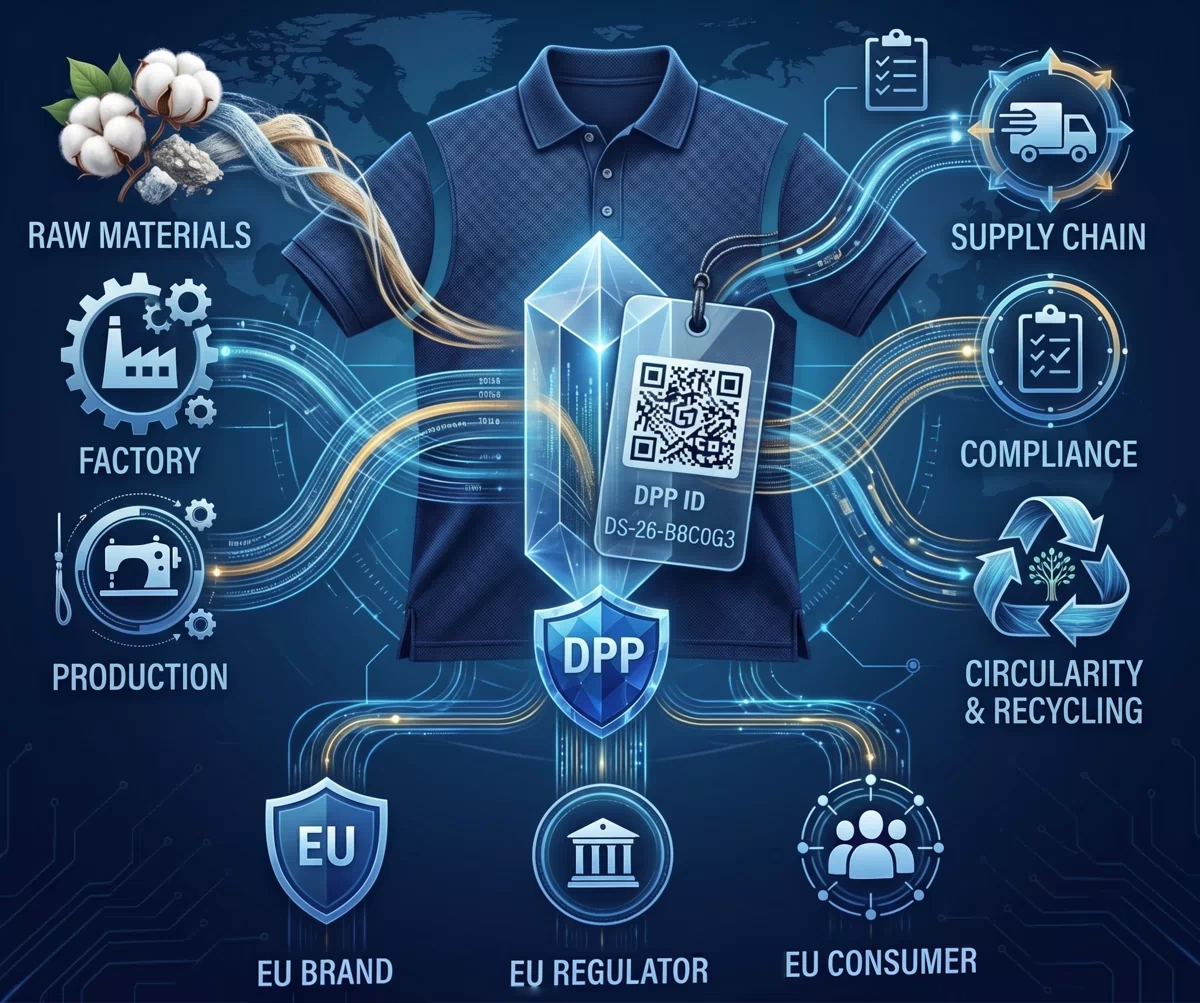 Illustration of an apparel product linked to materials, production, supply chain, compliance and circularity information