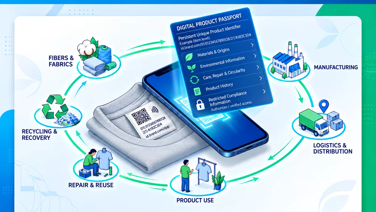 Illustrated apparel lifecycle linking manufacturing, logistics, product use, repair and recycling to digital information