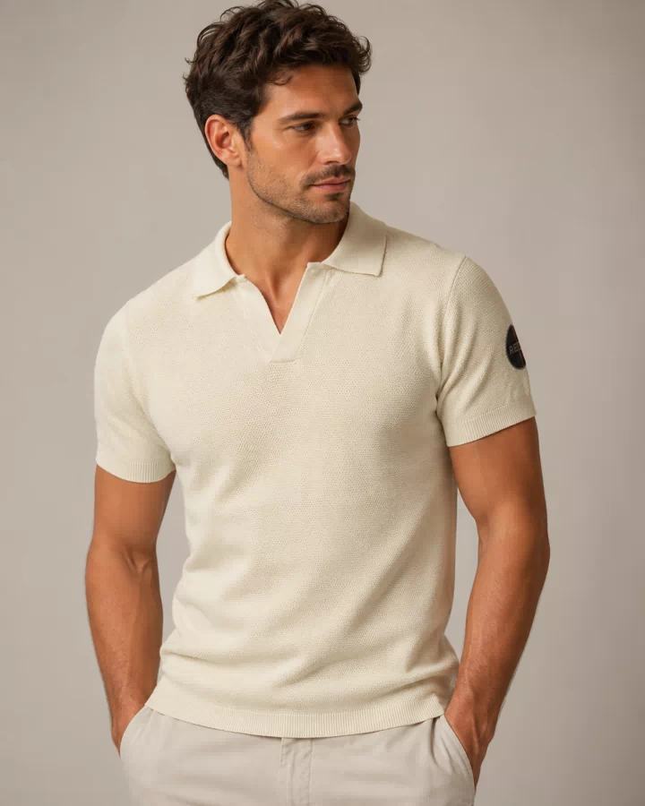 Men’s Cream Textured Knit Open-Collar Polo Shirt