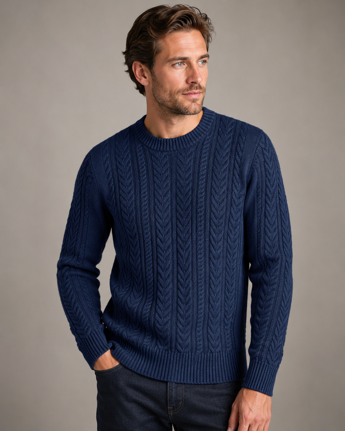 Men’s Navy Cable Knit Crew Neck Pullover Sweater