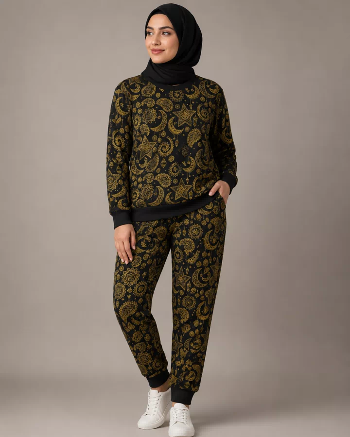 Modest Women’s Black and Gold Printed Co-ord Set