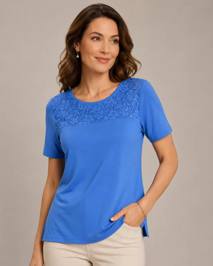 Women’s Floral Lace-Yoke Short-Sleeve Top